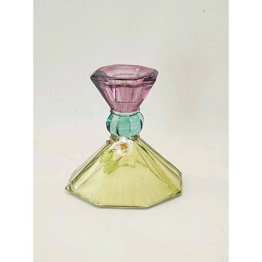 Monica Willard Green and Purple hand painted candlestick with flower